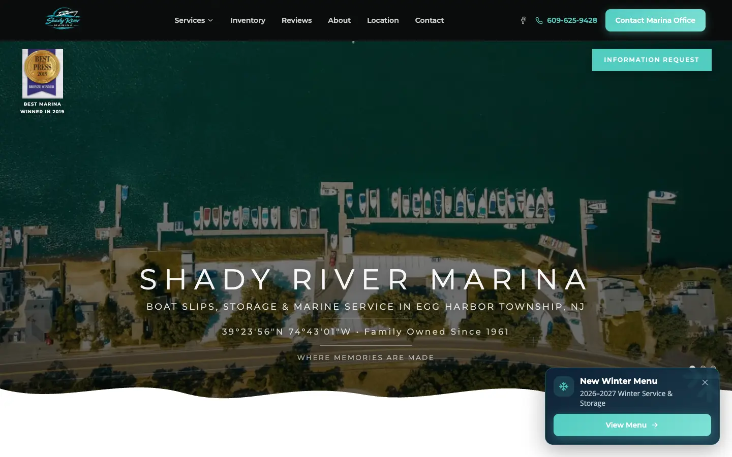 Shady River Marina website, desktop view