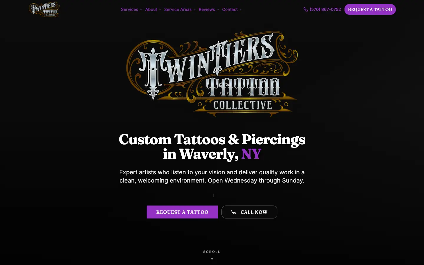 Twin Tiers Tattoo Collective website, desktop view